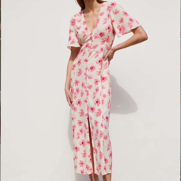 SOLD NWT Zara pink floral button up midi dress - Picture 4 of 7